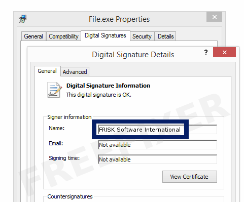 Screenshot of the FRISK Software International certificate